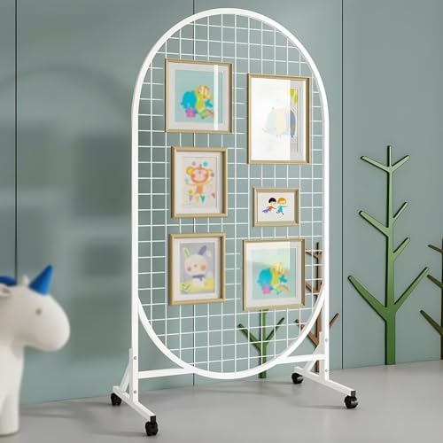 Zfmnoyev Floor Standing Grid Wall Panel, Movable Art Show Display Rack with Wheel, Gridwall Panels Tower with Triangles-Base, for Retail Home Trade Shows Office(White,80x150cm)