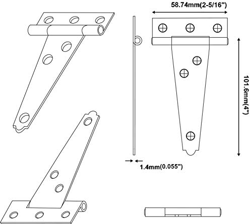 Qcaa Stainless Steel Light Tee Hinge, With Stainless Steel Screw, 4" X 2-5/16" X 1.4 Mm, Vibrated Stainless Steel, 4 Pack, Made In Taiwan #TOP1