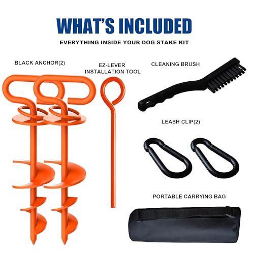 Image of Eurmax USA 2-Pack Heavy Duty Dog Tie Out Stake, No-Tangle In Ground Anchor Runner for Large Dogs up to 210 Lbs - Perfect for Yard, Beach and Camping (Square,Orange)