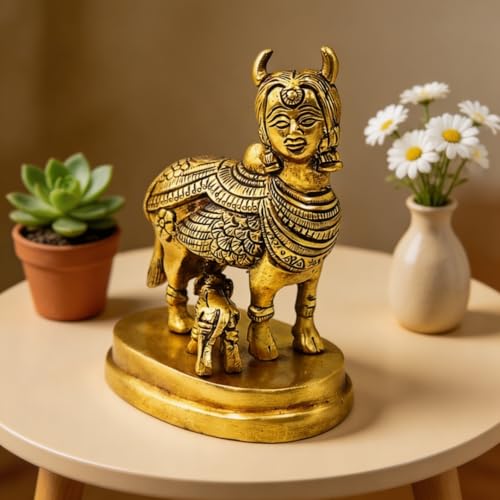Image of Plus Value Nandi Kamdhenu Cow with Calf Idol Brass Statue Maha Vastu Remedies Product for Home Temple Decor Showpiece (3.5 x 4 Inches, Gold)