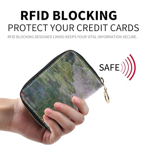 Credit Card Protector RFID Blocking Leather Women's Wallet Small Zipper Travel Wallet with Key Ring Monet Water Lilies Oil Painting2