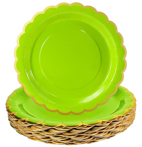 Image of HEIPINIUYE 50 Pieces Lime Green Paper Plates with Gold Foil 7 Inch Disposable Lime Green and Gold Scalloped Dinner Plates for Wedding Baby Shower Birthday Party Dessert Plate