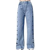 JanJean Kids Girls Fashion Washed Wide Leg Denim Pants Elastic Waist Heart Pattern Loose Jeans Pant