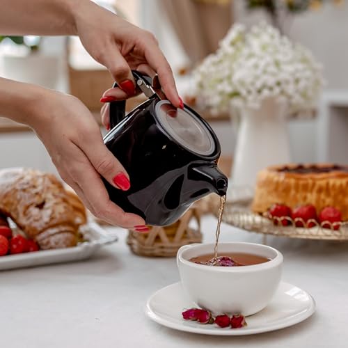 ORNA Ceramic Teapot with Tea Infuser – Small Tea Pot for Loose Leaf Tea – 550ml / 18.6 Oz Porcelain Non-Stove Teapot for 2 Cups with Tea Strainer (Black) - Image 3
