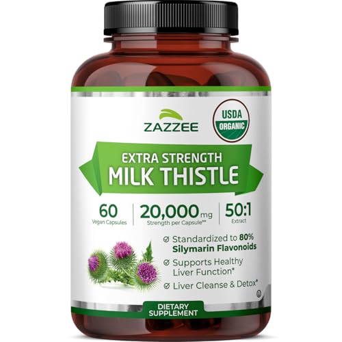 Zazzee USDA Organic Milk Thistle 50:1 Extract, 80% Silymarin Flavonoids, 60 Vegan Capsules, 2 Month Supply, Certified Kosher, Silybum Marianum, Liver Support & Detox Support, All-Natural, Made in USA