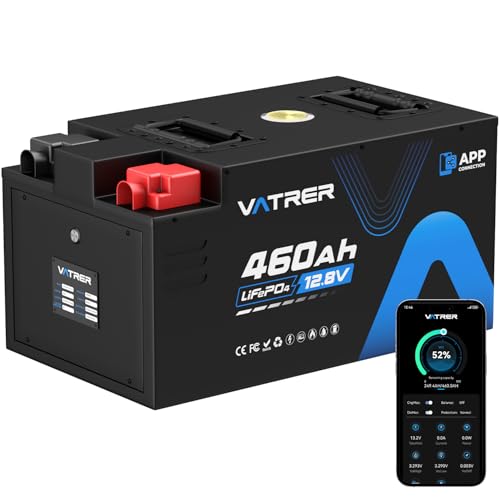 VATRER POWER 12.8V 460Ah Low Temp Cutoff LiFePO4 RV Battery, APP Monitoring, Built-in 250A BMS, Max. 3200W Load Power, 5880Wh Usable Energy, 5000+ Cycles Lithium Battery, Perfect for RV, Motorhomes