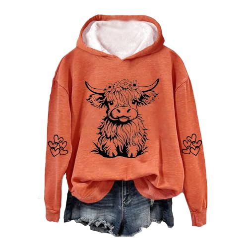 Highland Cow Shirt Womens Long Sleeve Hoodie Highland Cow Hoodies For Women Vintage Pullover Funny Graphic Tshirt Orange