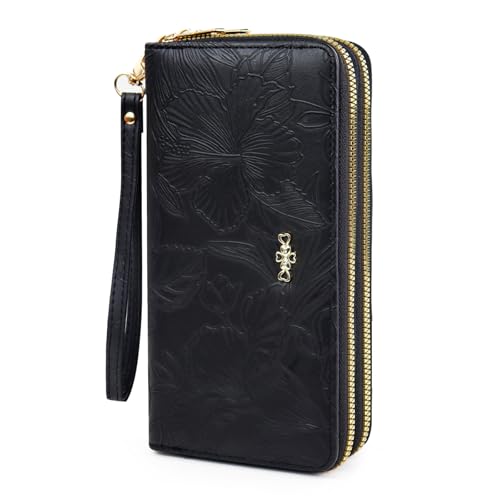 AdiStylinno Women Wallets, Large Capacity Double Zip Long Purses for Women, PU Leather Ladies Credit Card Holder Wallet with Zip Pocket Multi Card Slots and Big Compartments (Black)