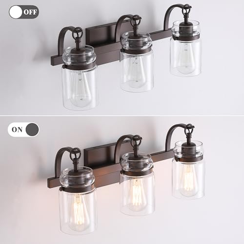 Image of 3 Light Bathroom Vanity Light, Oil Rubbed Bronze Bathroom Light Fixtures Over Mirror, Farmhouse Vanity Light with Clear Glass Shade
