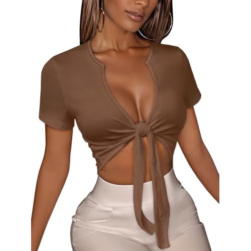 Women's Tie Front Crop Top V Neck Short Sleeve Summer Basic Slim Fit Tees