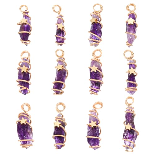 FINGERINSPIRE 12Pcs Natural Amethyst Crystal Pendant Gold Plated Wire Wrapped Crystal Gemstones Pendant with Star Decorations Healing Stones Pendant Charms for Necklaces Earrings Jewelry Making