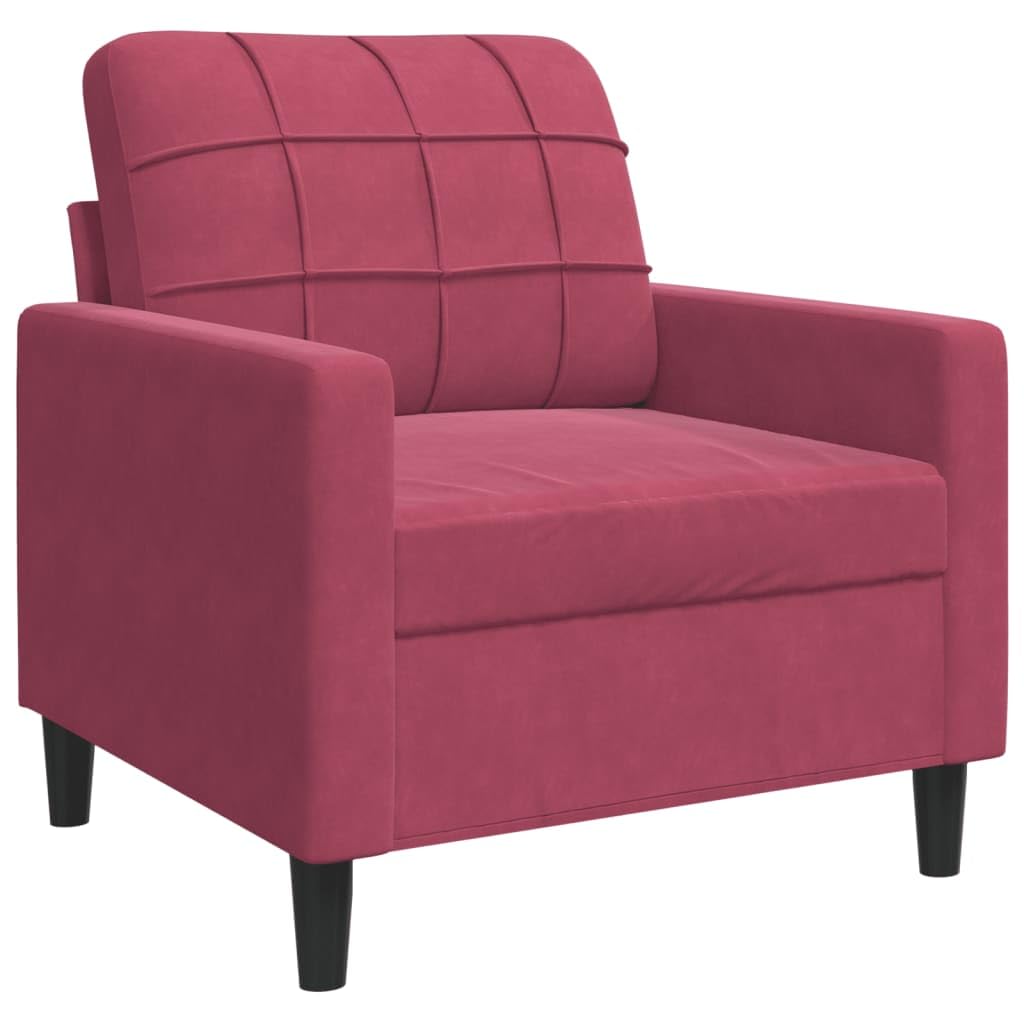 Ensemble de canapé 3 pièces en velours rouge vin avec fauteuil, 2 places et 3 places, avec rembourrage confortable et structure en métal robuste pour des moments de détente