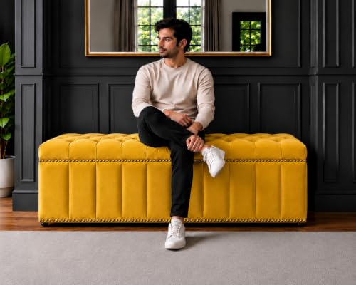 Image of Tufted Velvet Storage Ottoman Bench with Nailhead Trim (Yellow) | Storage Ottoman bench