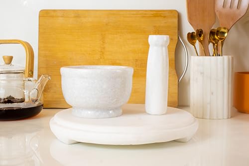 Image of Marble Mortar and Pestle | Imam Dasta, Kundi, Kharal, Okhli, khalbatta (White 5 Inches)