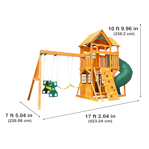Image of KidKraft Buffalo Crossing Wooden Outdoor Swing Set with Tube Slide | Two-Story Playhouse, Rock Wall, Glider, Faux Stone Facade, Planter Boxes