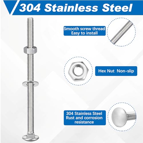 Image of Zonon 25 Sets 1 /4-20 x 4 Stainless Steel Carriage Bolts and Nuts Kit Round Head Square Neck Carriage Bolts Screws and Hex Nuts and Flat Washers, Stainless 18-8 Full Thread Coverage (Silver)