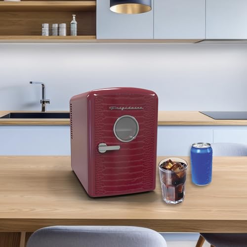 Image of Frigidaire 9 can /6l mini personal fridge cooler Crocodile finish door-W: 7.08 inch x L: 11.81 inch X H: 10.04 (Red) (Renewed)
