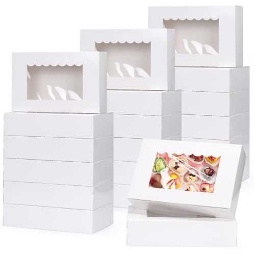 GXFCING 24 Boîtes à Biscuits avec Fenêtre, Boîte à Gâteau Blanc, 21,5x14x5,1cm Boîtes à Pâtisserie en Carton pour L'emballage des Cupcakes, Cookies et...