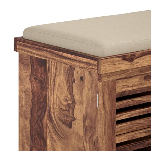 Image of Amazon Brand - Solimo Giljan Solid Sheesham Wood Shoe Storage Cabinet with Seating Bench, Natural Finish, 2 Doors