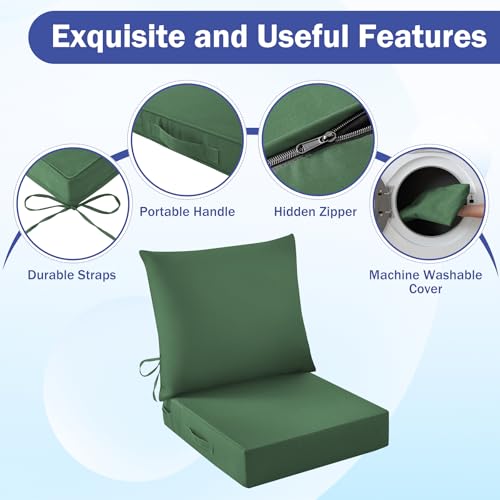 Image of Outdoor Chair Cushions, 24 x 24 Inch Outdoor Cushion for Patio Furniture, Patio Chair Cushion, Waterproof & Fade Resistant Deep Patio Furniture Cushion Set with Handle and Ties, ForestGreen (Set of 4)