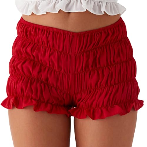 Image of NUFIWI Women's Y2k Ruched Mini Shorts Low Waist Ruffle Frill Bloomers Lounge Pajamas Smocked Micro Shorts Sleepwear