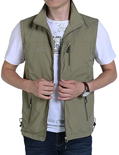 Vanchenl Herren Casual Utility Reisen Angeln Weste Outdoor Arbeit Leichtgewicht Safari Foto Multi Taschen Westen Khaki L