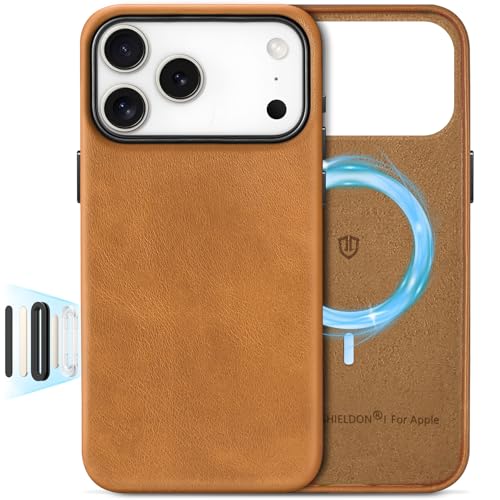 Image of SHIELDON Genuine Leather Case for iPhone 17 Pro Max 6.9 inch, Retro Light Brown | for MagSafe, Magnetic Wireless Charging, Camera Button, Metal Buttons, Camera Bezel, Non-Slip, Shockproof, Anti-Scratch, Slim