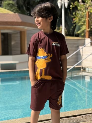 Image of Nap Chief Kids Cotton Garfield Print Co-Ord Set for Boys & Girls | Half Sleeve T-Shirt & Shorts Set | Soft Casual Summer Wear