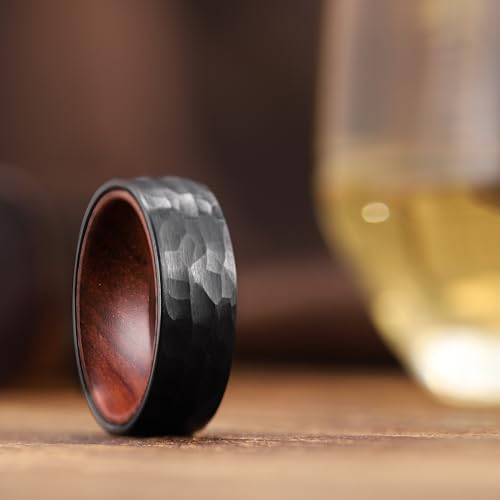 LerchPhi Hammered Tungsten Rings for Men, KOA Wood Rings Inlay Black Mens Wedding Band, 8MM Promise Rings For Him Size 14 - Thumbnail 3