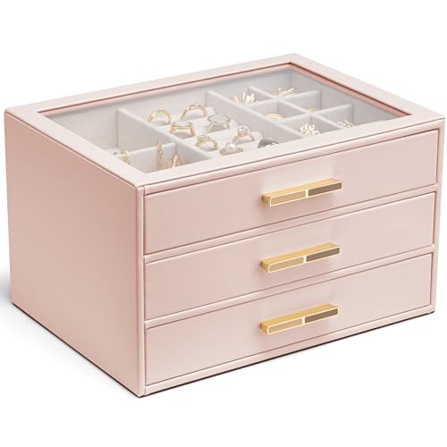 Vlando Jewelry Box for Women, Glass Lid Jewelry Organizer with 3 Drawers for Necklaces Rings Earrings Bracelets Mother Day Gift for Mom - Dark Pink