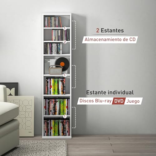 Miniatura 8 de Homcom Estantería Para Cds Y Dvds Soportes Para Cd Estrechos Con 9 Compartimentos Estantes Ajustables Para Salón Oficina 33x24x140 Cm Blanco
