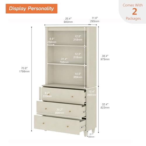 Image of WAMPAT 71 inch Tall Bookcase with 3 Drawers & Open Shelves, 3-Tier Beige Wood Bookshelf with Adjustable Shelf, Modern Floor Standing Wooden Display Bookshelves for Home Office, Living Room, Bedroom