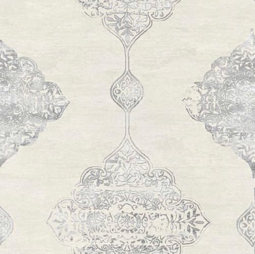 Image of WALLPAPER EMPIRE Thick Textured Vinyl Oriental Motif Heavyweight Wallpaper Natural Elements Panorama Effect (Medallion Moon White D7801)