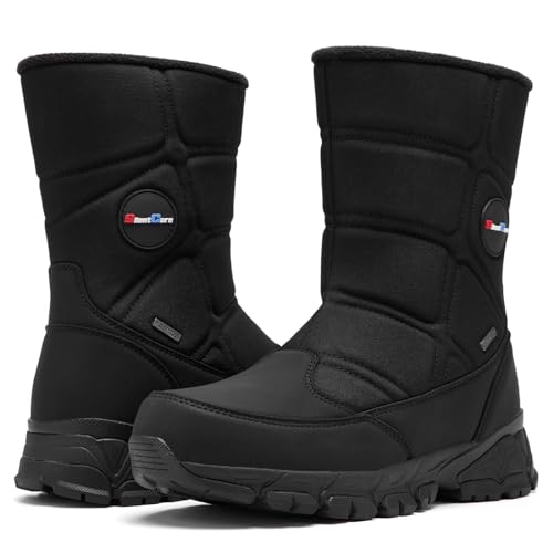 SILENTCARE Men's Winter Waterproof Snow Boots Warm Slip On Mid-Calf Booties Lightweight Outdoor Athletic Shoes Black 11 US