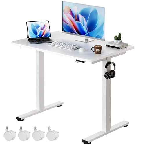 Image of Okin Electric Standing Desk, 40 x 24 Inches Whole Piece Height Adjustable Desk, White Sit to Stand Desks Computer Workstation with Wheels for Home Office