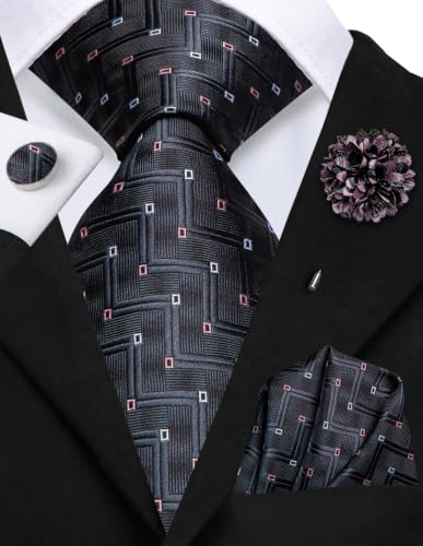 Image of Hi-Tie Men Silk Ties Set with Flower Lapel Pin Necktie Pocket Square Cufflinks for Tuxedo Wedding Business
