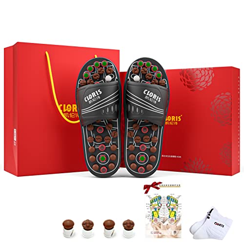 Reflexzonenmassage Hausschuhe Schuhe Sandalen Akupressur Fußmassageschuhe mit Jade Steinen und Turmalinen für Männer Frauen mit einem Paar Socken (L-28.2cm (43-45 EU))