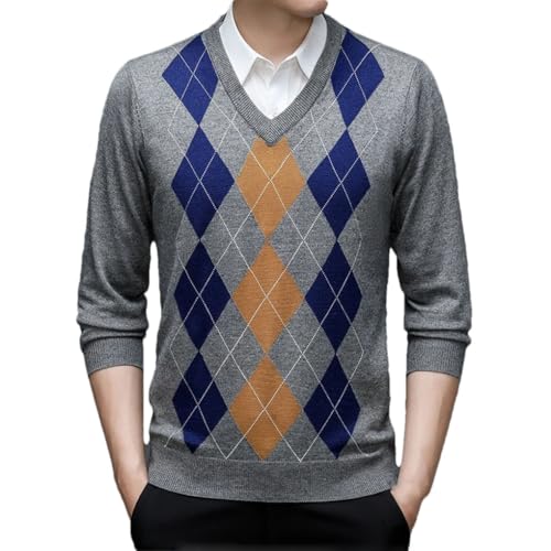 Men Wool Sweater V-Neck Long Sleeve Argyle Vintage Casual Knit Sweater Top