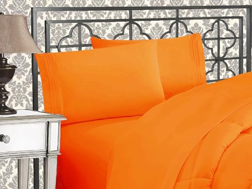 Elegant Comfort Luxurious 1500 Premium Hotel Quality Microfiber Three Line Embroidered Softest 5-Piece Bed Sheet Set, Wrinkle and Fade Resistant, Split King, Orange