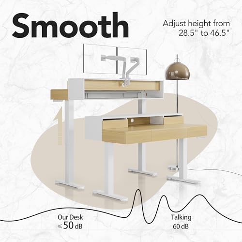 Image of HUANUO Standing Desk with Drawers, 48 Inches Electric Height Adjustable Desk with Storage, Whole-Piece Board Sit Stand Up Desk with Monitor Shelf, Light Walnut