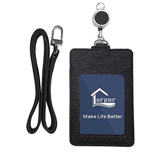 Larpur Retractable Id Badge Holder Vertical Pu Leather Id Card Holder Detachable Neck Lanyard With 1 Clear Window & 2 Card Slots Suit For Teachers, Students, Doctors, Nurses, Office Employees (Black) #TOP6