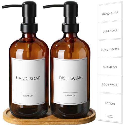GMISUN Amber Glass Soap Dispenser, 2 Pack Bathroom Hand Soap Dispensers with Bamboo Tray, 17 Fl Oz Kitchen Hand and Dish Soap Dispenser Set, Modern Vintage Liquid Brown Soap Dispensers Bottle