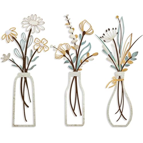 SUNAIAD Wanddeko Wohnzimmer Metall Blumen Küche Wanddekoration, 3 Stück Bunte Metallbilder Wanddekoration Wohnzimmer Schlafzimmer Küche Flur,...