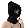3 in 1 Beanie Hat for Women, 3 in 1 Beanie Hat, Flexible Beanie Hats with Hairball Soft Thick Fleece Lined Face Mask (Black)