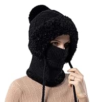 3 in 1 Beanie Hat for Women, 3 in 1 Beanie Hat, Flexible Beanie Hats with Hairball Soft Thick Fleece Lined Face Mask (Black)