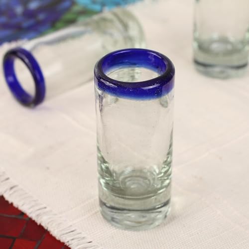 NOVICA Artisan Crafted Hand Blown Clear Blue Rim Recycled Glass Shot Glasses, 2 Oz. 'Tequila Blues' (Set Of 6) - Thumbnail 2