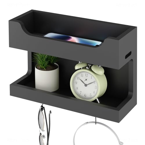 NiHome Wall Mounted Wooden Bedside Accessories Organizer, Double Tray Bedside Storage Shelf Rack with Magnetic Hooks, Bedroom Dorm RV Wall Caddy Holder for Phone Glasses Alarm Clock Remote (Black)