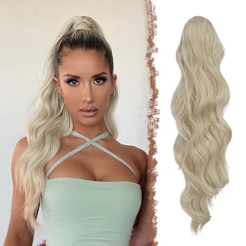 FESHFEN Long Ponytail Extension Curly Wavy Clip in Synthetic Hairpieces Drawstring Ponytail Ash blonde Pony Tail Hairpiece Hair Pony Extension for Women Girls 24 inch
