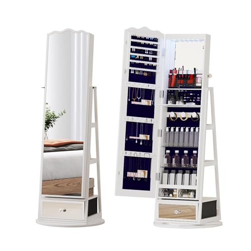 MGCC 360° Swivel jewelry armoire with LED Light, Lockable Jewelry Organizer with Full-Length Mirror,jewelry cabinet Floor Standing Mirror with Storage Shelves for Bedroom, Cloakroom