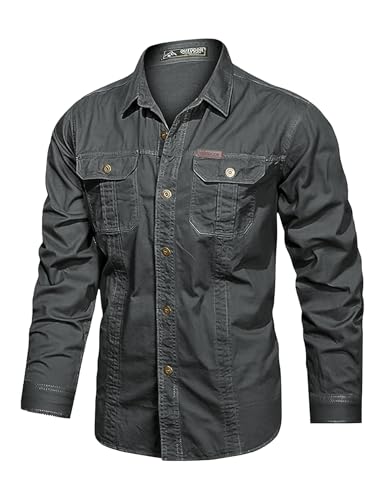 Eisctnd Men's Long Sleeve Cotton Work Shirt Casual Loose Fit Button Down Shirts with 2-Pocket for Outdoor Safari